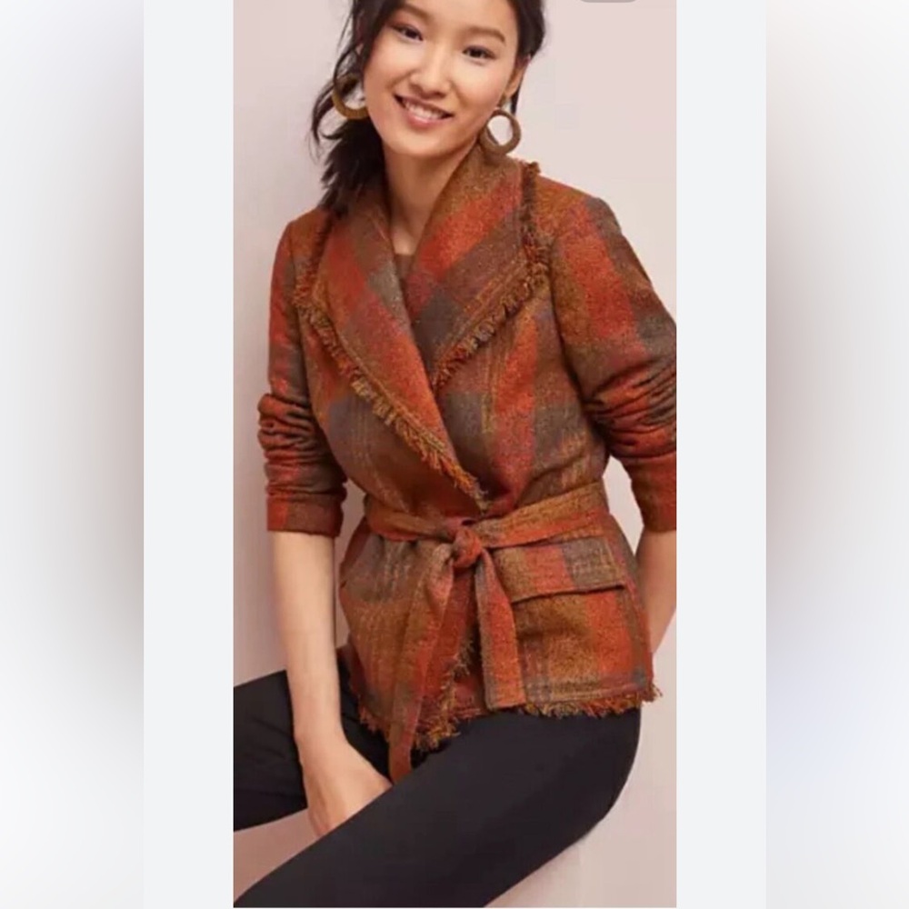 Anthropologie Plaid Fringe Belted Blazer in Rust & Olive